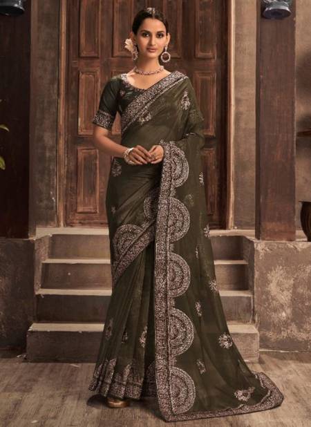 Mehndi Colour Tyohar Kavira New Latest Designer Ethnic Wear Gold Zari Organza Saree Collection 6006